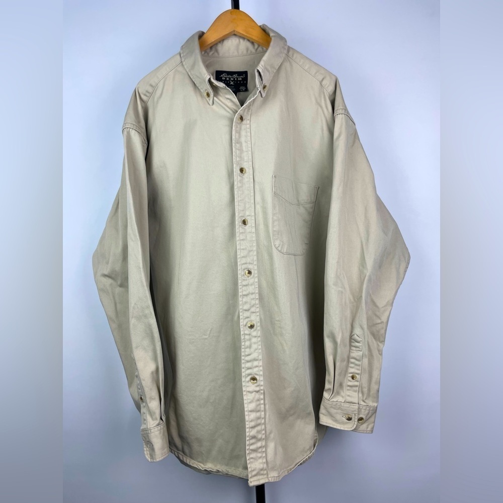Eddie Bauer Denim Khaki Tan Long Sleeve Button Up Collared‎ Shirt